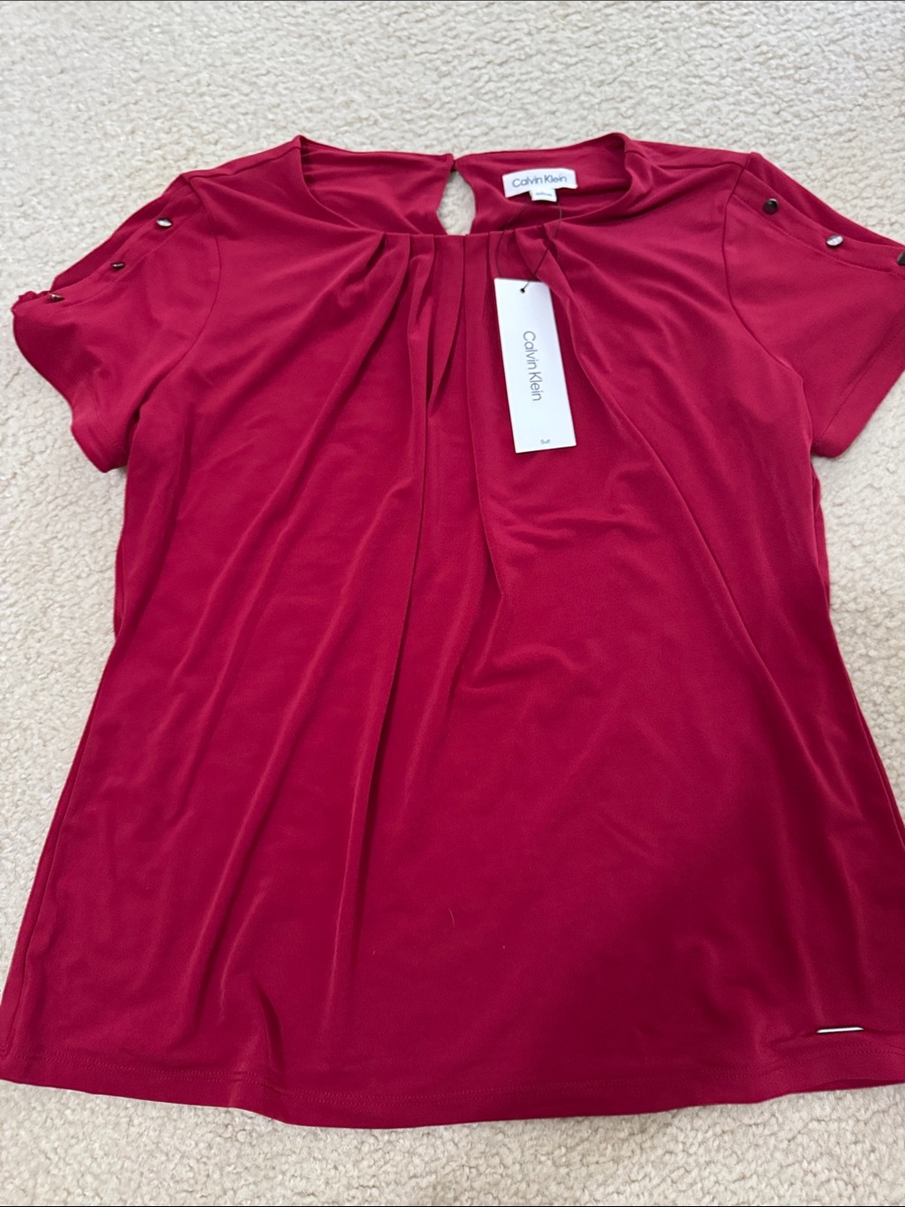Calvin Klein Burgundy Pleated Keyhole Short-Sleeve Top